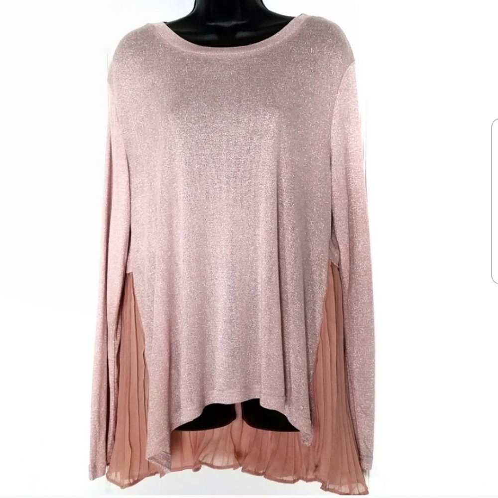 Life Style Metallic Blush Pink Hi-Low Tunic Top Accordion Pleated Back